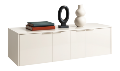 A sleek white lacquer sideboard, perfect for showcasing art books and sculptures in a