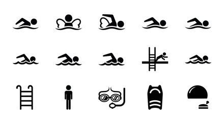 Naklejka premium Swimming Icons Set - Diverse Strokes, Equipment, and Pool Elements.