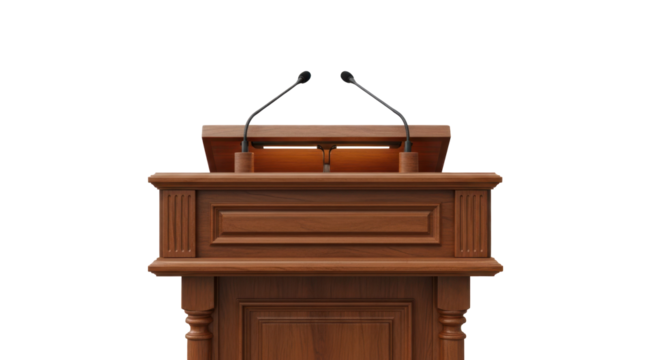 Front view of a classic wooden lectern or podium with microphones. Isolated on transparent background, png