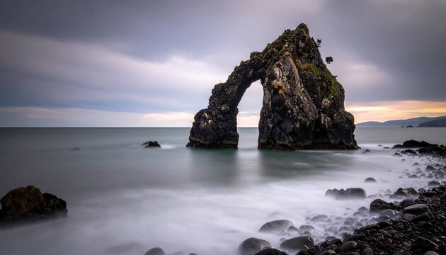 A majestic rock arch rises from the sea, with a blurred, tranquil ocean surrounding the rocky shoreline. The sky is overcast