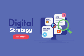 Computer displays data chart divided into four strategic part connected with multiple digital marketing approach.