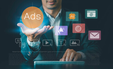 Digital marketing and online advertising concept using AI, data-driven strategy, goal, SEO to reach target audiences across social media, email, web platforms, building brand awareness boosting sales.
