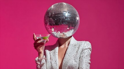 Disco ball head fashionista in sequined blazer holding cocktail against pink backdrop