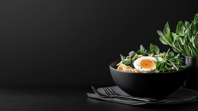 Elegant and Minimalist Salad Bowl with Egg, Greens, and Noodles on Black Background with Silver Fork and Napkin for Food Photography