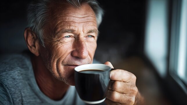 Elderly man contemplates while drinking coffee by the window - Powered by Adobe