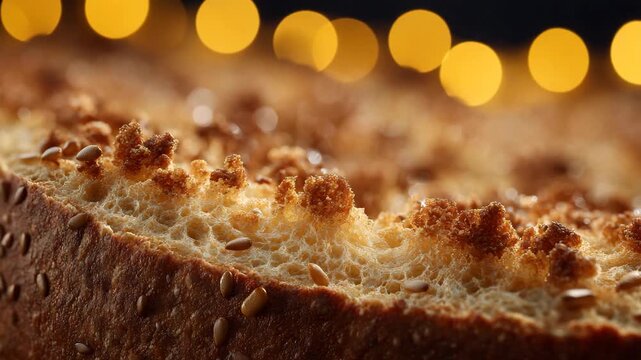 A close-up captures the intricate texture of toasted bread, showcasing golden brown surface with crispy crumbles, evoking the warmth and comfort of freshly baked goods.