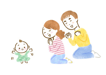 おすわりができた赤ちゃんを見て喜ぶ両親のイラスト