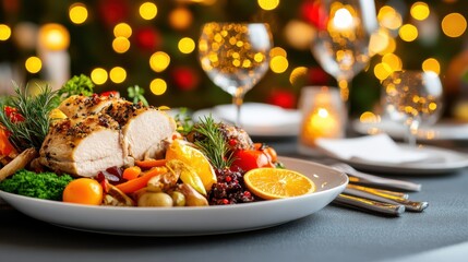 Festive Holiday Dinner Table Setting with Roasted Chicken, Vegetables, and Wine Glasses, Christmas or Thanksgiving Meal