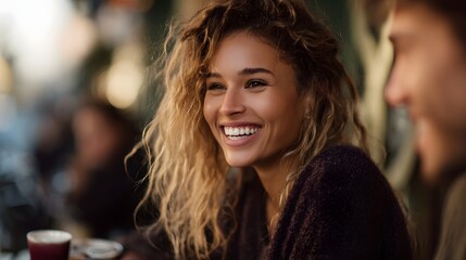 A happy woman with curly hair smiles brightly while sitting at an outdoor cafe with friends during golden hour