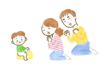 おまるに座ってトイレトレーニングをする子供を応援している両親のイラスト