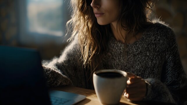 A woman working on a laptop holding a coffee mug bathed in natural light conveying a sense of calm productivity