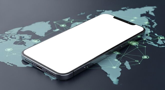 Smartphone on a world map with network connections.