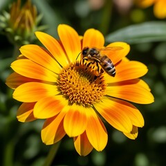 Bee on a Vibrant Yellow Flower Collecting Pollen in Summer.