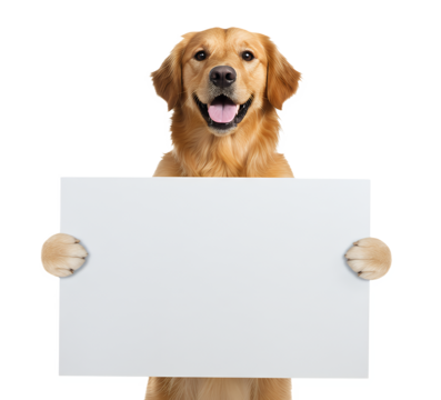 Golden retriever holding empty billboard sign between paws, smiling face, transparent background