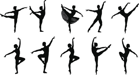 Silhouette ballet dancers performing elegant poses, modern choreography, graceful movement, classical dance art, beauty, strength, balance, flexibility, 
