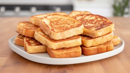 Stack of Golden French Toast on a Plate, Delicious Breakfast Treat, Selective Focus