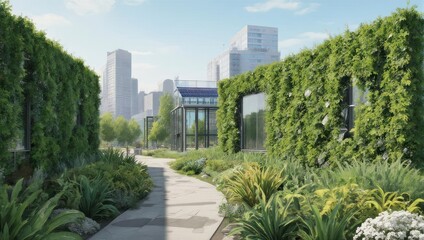 Urban pathway lined with green walls, leading to buildings against a cityscape