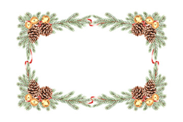 Spruce tree branch with cones and round jingle bells with bow, watercolor. Christmas frame hand drawn. Pine or fir twigs illustration isolated. Conifer plant for winter card. Template with copy space.