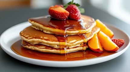 Golden Pancakes Stack with Maple Syrup, Fresh Strawberries, and Peach Slices on a White Plate, Delicious Breakfast Treat