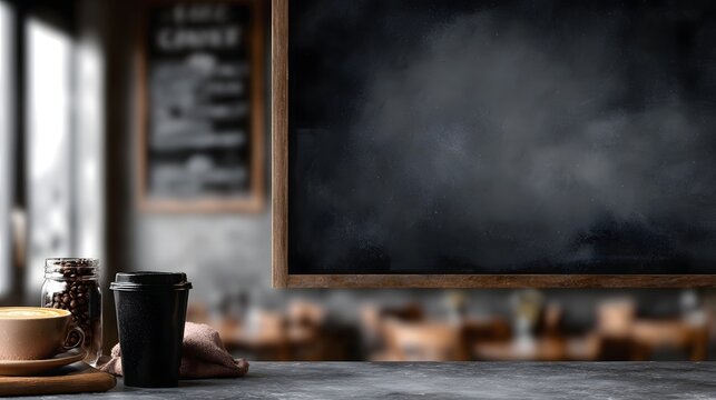 A cozy cafe interior showcases a wooden chalkboard menu coffee cup and roasted beans on a table - Powered by Adobe