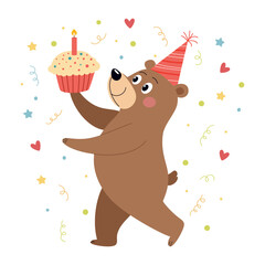 A cute bear in a birthday hat is holding a cupcake with one candle. Bright vector illustration isolated on white background.