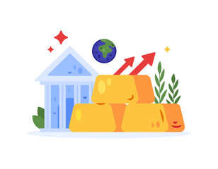 The concept of rising global gold prices. Increasingly increasing. The benefits of gold investment. Illustration of a bank building symbol, a pile of gold bars, and an upward arrow. Flat design style.
