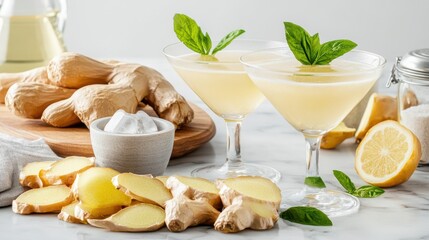 Refreshing Ginger Lemon Basil Cocktail: Two Martini Glasses with a Light Yellow Drink, Ginger Root, Lemon, Basil, and Salt on a Marble Surface