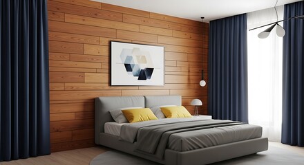 Modern Bedroom Interior with Wooden Wall and Dark Curtains.