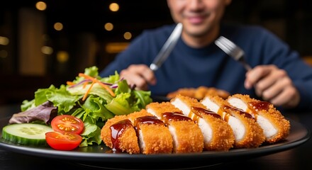Man Enjoying Chicken Katsu with Salad at Restaurant.