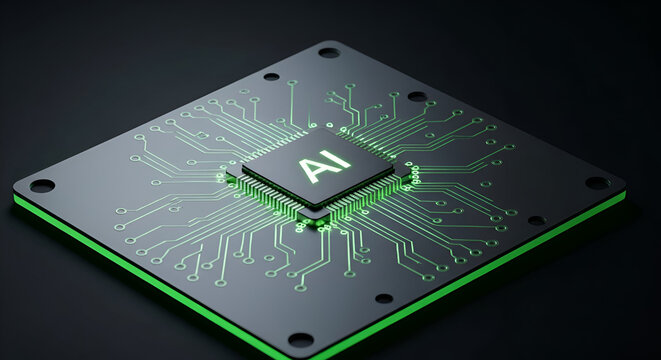 Artificial Intelligence Processor Chip on a Glowing Green Circuit Board.
