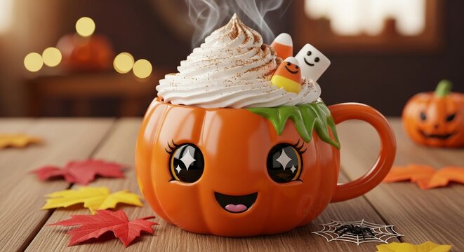 A cute pumpkin-shaped mug filled with a steaming hot beverage topped with whipped cream and Halloween candy. - Powered by Adobe
