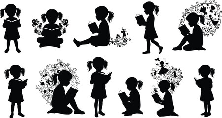 Silhouette collection of young girls reading books, creative fantasy design, imagination, education, storytelling, fairy tale art, childhood learning, and  