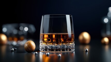 Elegant Whiskey Glass with Golden Liquid, Decorative Sphere, and Bokeh Background on a Dark Surface, Luxury Drink Still Life