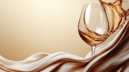 Elegant White Wine Splash in a Glass on a Silk Fabric, Luxurious Beverage, Celebration, Fine Dining, Abstract Still Life