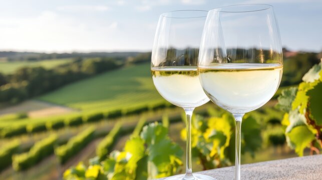 Two Glasses of White Wine Overlooking a Vineyard Landscape, Wine Tasting, Scenic View, Relaxation, Summer, Travel Destination