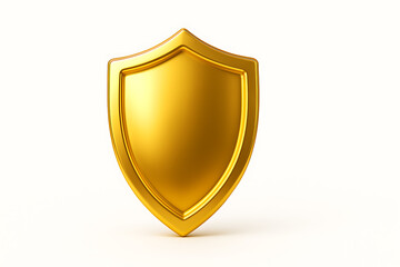 A gleaming golden shield stands upright against a plain white background, symbolizing protection and security.