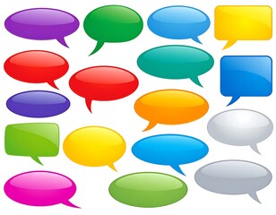 A collection of vibrant, glossy speech bubbles in various shapes and colors, arranged against a plain white background