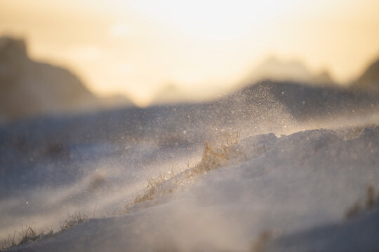 Blowing snow over winter landscape, Lofoten Islands, Norway