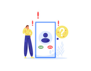 unknown call concept. beware of fraudulent or scam calls. suspicious calls. illustration of a man receiving a call from an unknown number. warning and crime. flat style design. white background