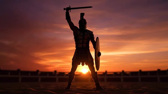 Silhouette of a victorious gladiator with a raised sword and shield standing in an arena at sunset.