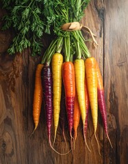 A fresh bunch of organic orange carrots on a white table, a healthy raw vegetable for a vegetarian diet