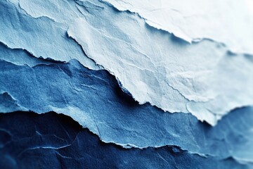 Fototapeta premium A beautiful abstract close-up of layered blue textures, resembling torn paper or rock formations. Gradual shades of blue create depth and a calming, intricate visual pattern.