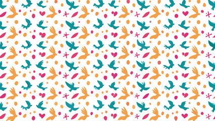 Cheerful turquoise birds and golden bird brushstrokes with fuchsia hearts and stars scattered, whimsical pattern for textile, fabric, wallpaper, or print