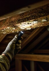 fireplace in the old house, Hand checks damaged wood beam with flashlight. Inspector examines wood rot, fungus on timber. Maintenance worker inspects decay termite damage to house construction. Proble