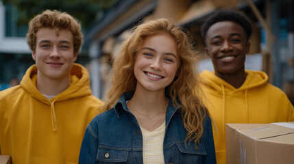 A diverse group of young people organizing a fundraising event with posters and donation boxes to support animal rescue symbolizing youth activism community involvement social