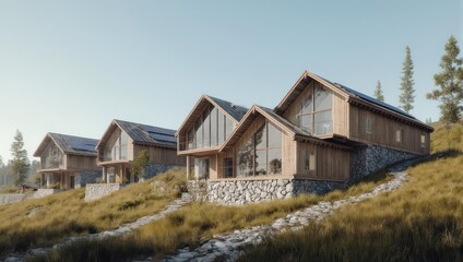 Obraz premium Series of modern cabins with large windows and solar panels on a grassy hillside with trees