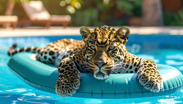 A majestic spotted cat lounges in a pool atop a turquoise inflatable. Its calm gaze and relaxed posture exudes tranquility on a sunny day