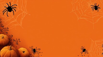 Halloween Vector Illustration Background (Orange Color Scheme): Left-Side Pumpkins, Spider Webs, Corner Spider Silhouettes (Top-Down Flat Lay), Copy Space for Ad Banners/Party Invitation Posters