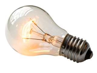 A lit incandescent light bulb isolated on a transparent background, representing ideas and innovation