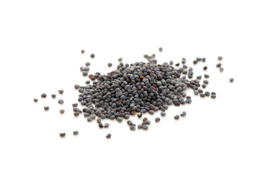 Heap of poppy seeds on white background
